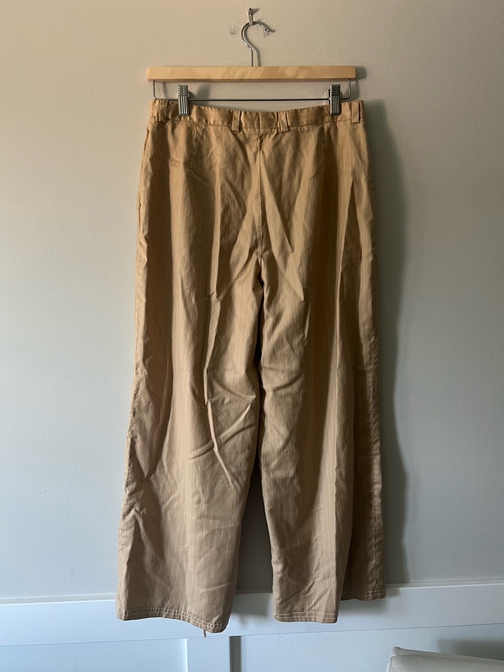 Vintage Escada Margaretha Ley Camel Pinstripe Wide Leg Wool Pants EU 42 - Picture 2 of 7